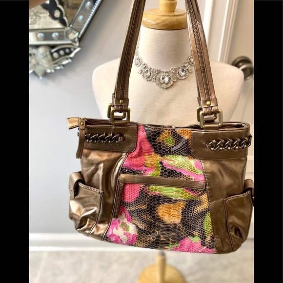 Sharif Gorgeous Large Bronze Metallic Colorful Pattern Bronze Chain Purse - Picture 7 of 15